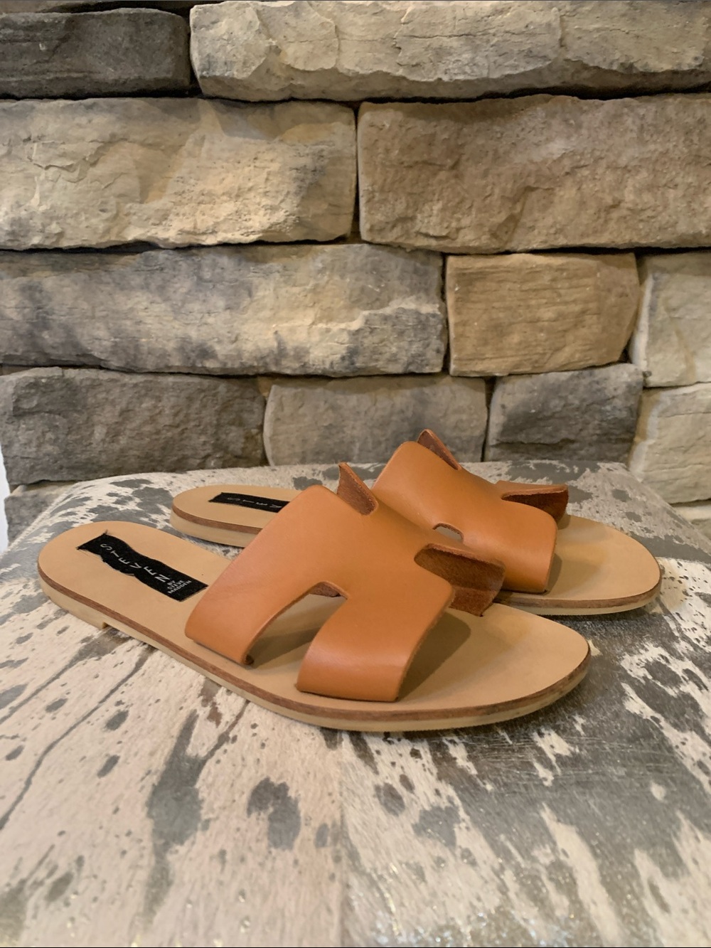 Steven By Steve Madden Cognac Tan Leather Slip-On Sandals